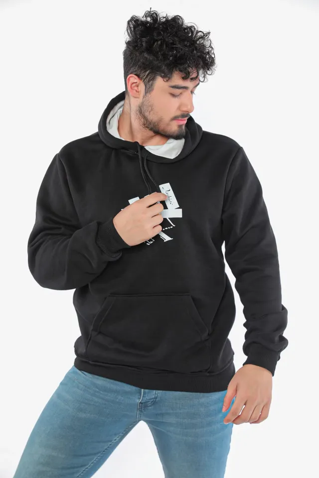 Erkek Kapüşonlu Baskılı Üç İplik Şardonlu Sweatshirt Siyah