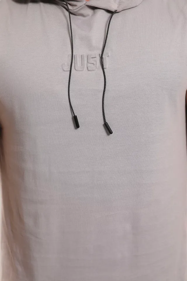 Erkek Kapüşonlu Kabartma Baskılı T-shirt Koyugri
