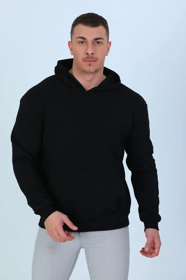 Erkek Kapüşonlu Şardonlu Arkası Baskılı Sweatshirt Siyah