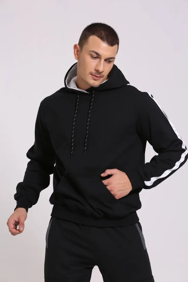 Erkek Kapüşonlu Şardonlu Kol Şerit Detaylı Sweatshirt Siyah