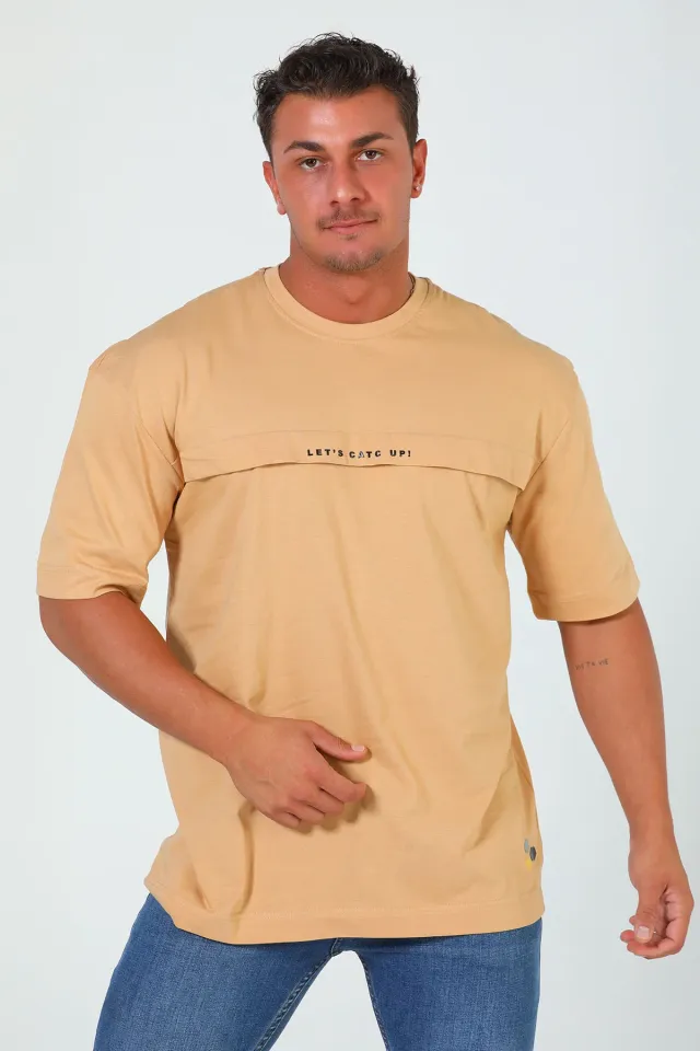 Erkek Ön Baskılı Oversize T-shirt Camel
