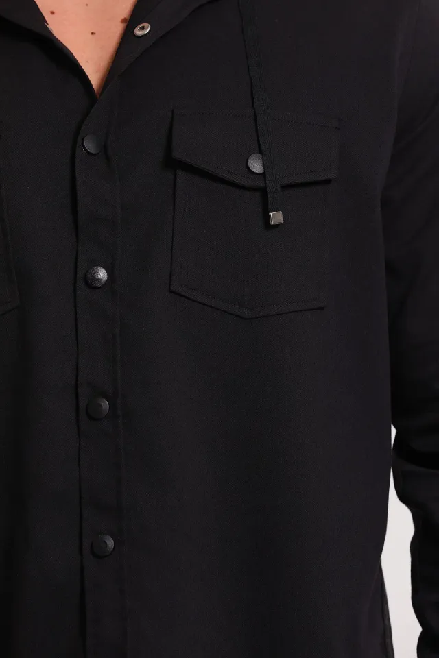 Erkek Ön Cep Detaylı Çıtçıtlı Kapüşonlu Gömlek Siyah
