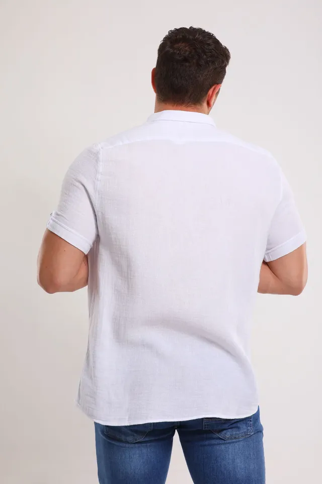 Erkek Ön Cep Detaylı Kısa Kollu Gömlek Beyaz