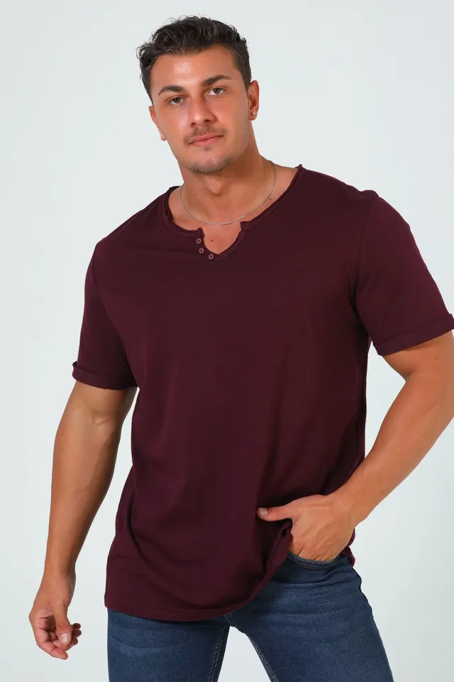 Erkek Ön Düğme Detaylı Basic T-shirt Bordo
