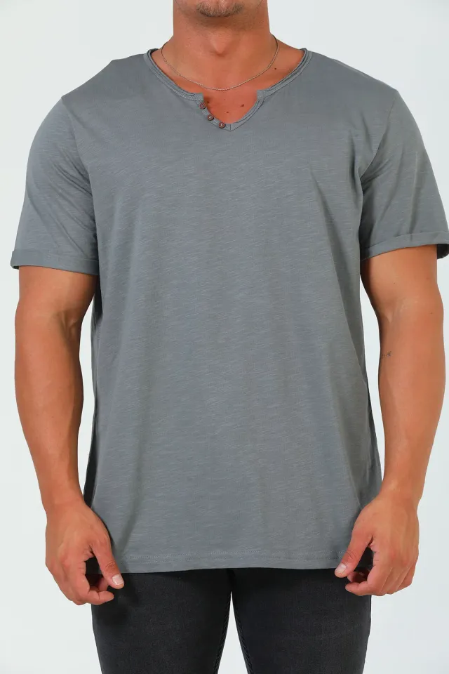 Erkek Ön Düğme Detaylı Basic T-shirt Füme