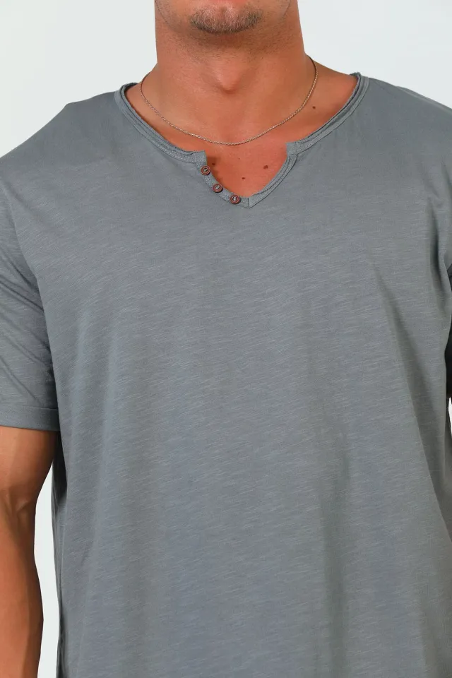 Erkek Ön Düğme Detaylı Basic T-shirt Füme