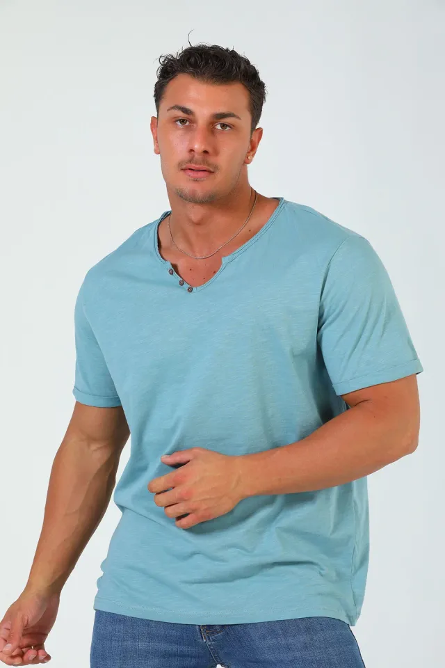 Erkek Ön Düğme Detaylı Basic T-shirt Mint