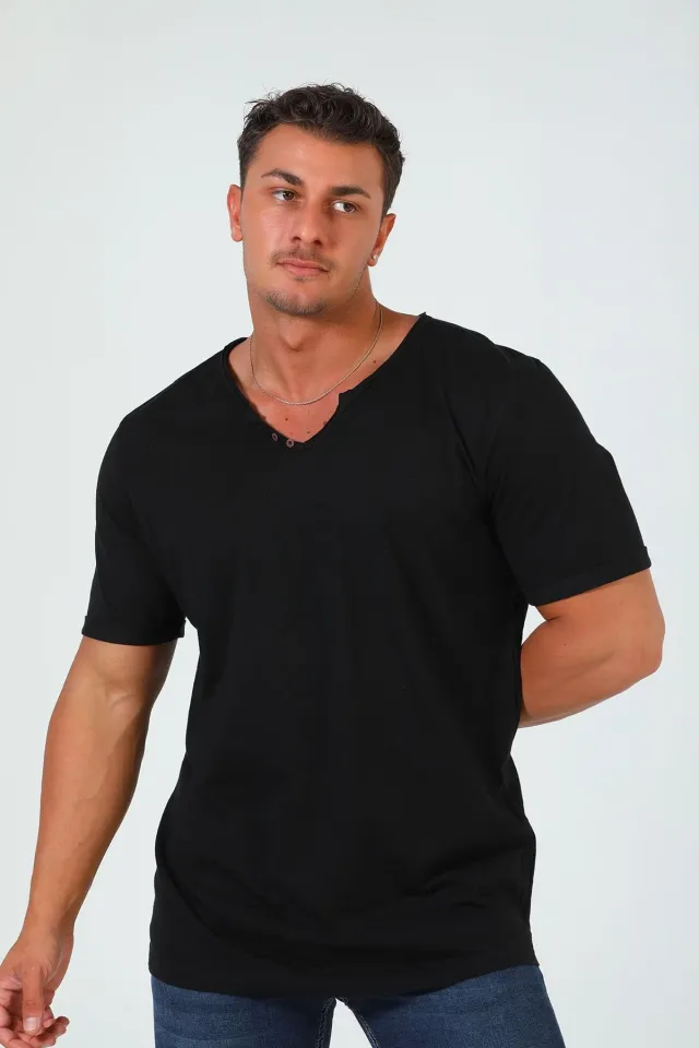 Erkek Ön Düğme Detaylı Basic T-shirt Siyah