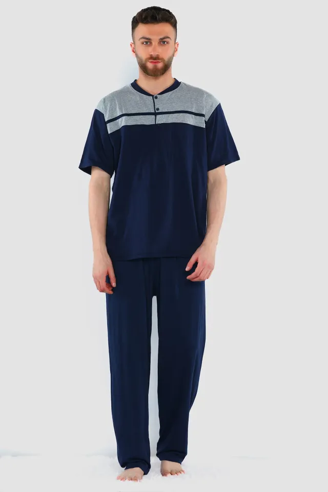 Erkek Ön Düğme Detaylı Pijama Takımı Lacivert