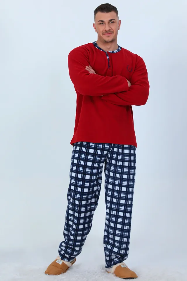 Erkek Ön Düğmeli Ekoseli Polar Pijama Takımı Bordo