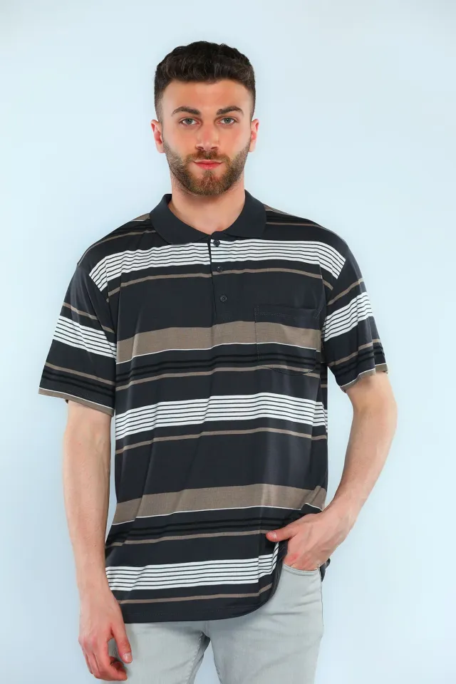 Erkek Polo Yaka Çizgili T-shirt Füme