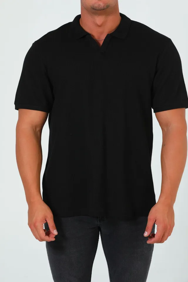 Erkek Polo Yaka Kendinden Desenli Oversize T-shirt Siyah