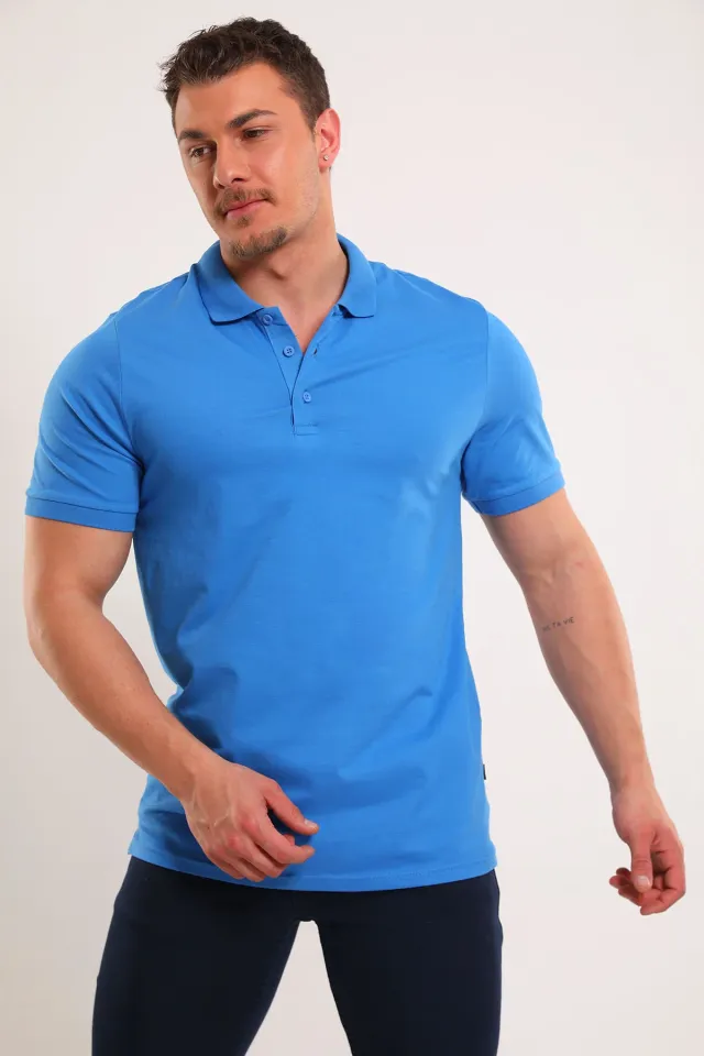 Erkek Polo Yaka Likralı T-shirt Mavi