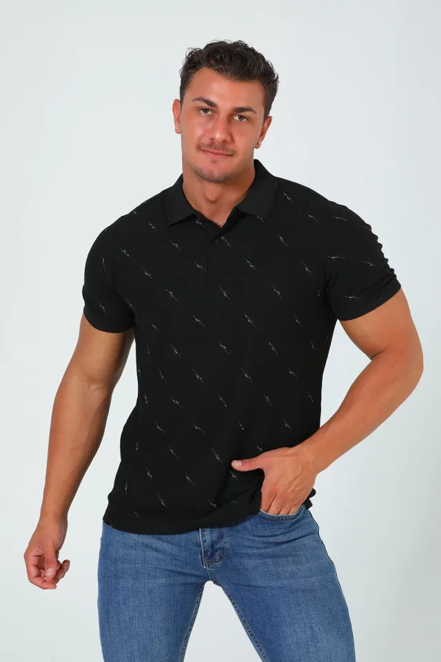 Erkek Polo Yaka Likralı T-shirt Siyah