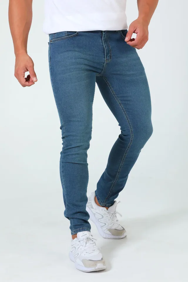 Erkek Tırnaklı Likralı Jeans Pantolon Mavi Tint