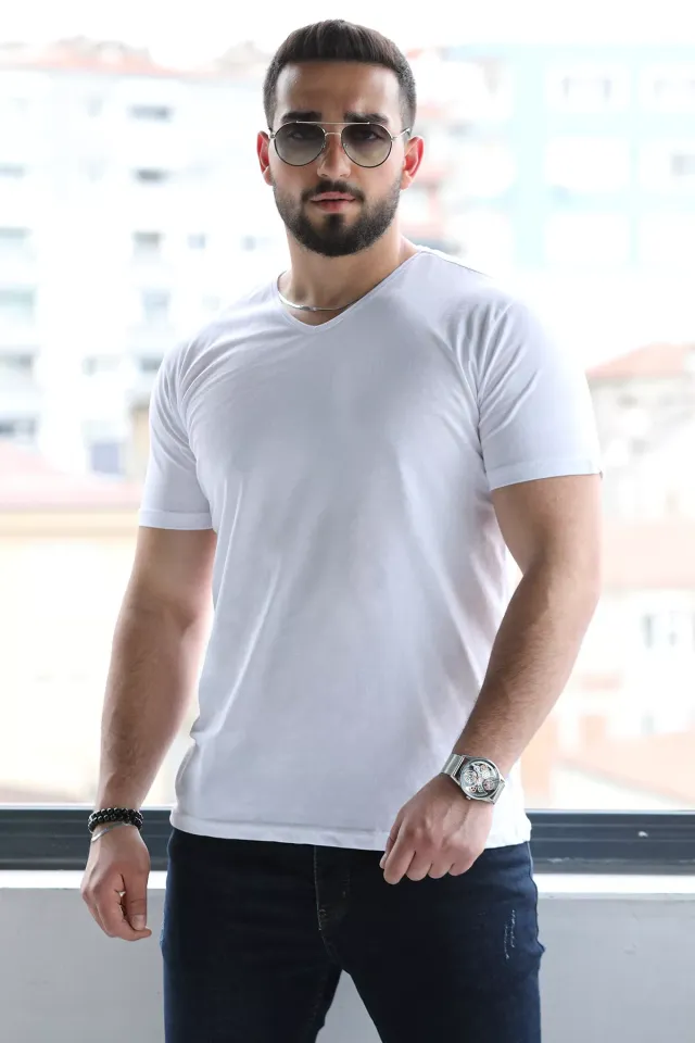 Erkek V Yaka Basic T-shirt Beyaz