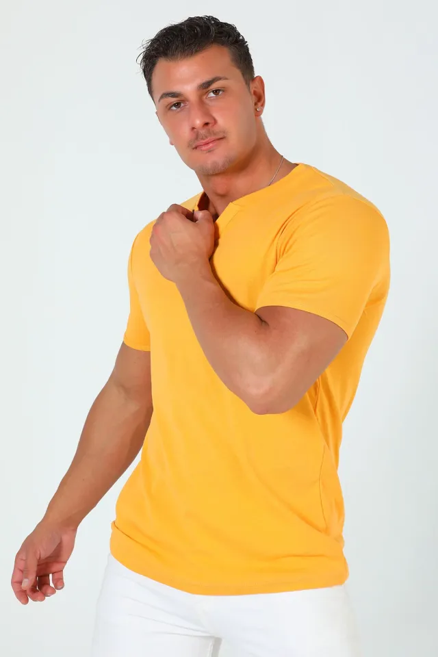 Erkek Yaka Düğmeli Likralı Basıc T-shirt Hardal