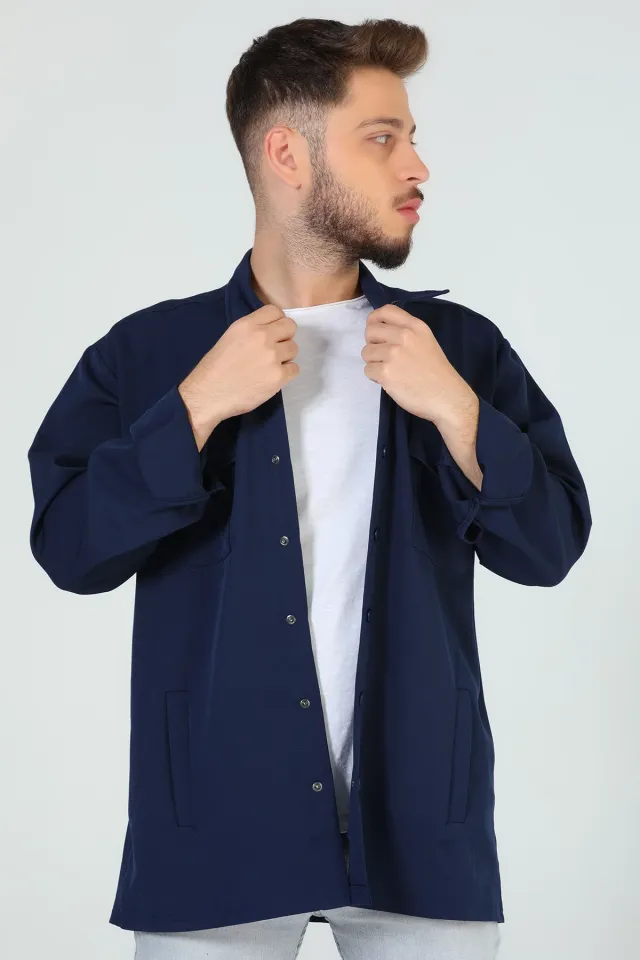 Erkek Çift Cepli Çıtçıtlı Mevsimlik Oversize Gömlek Ceket Lacivert