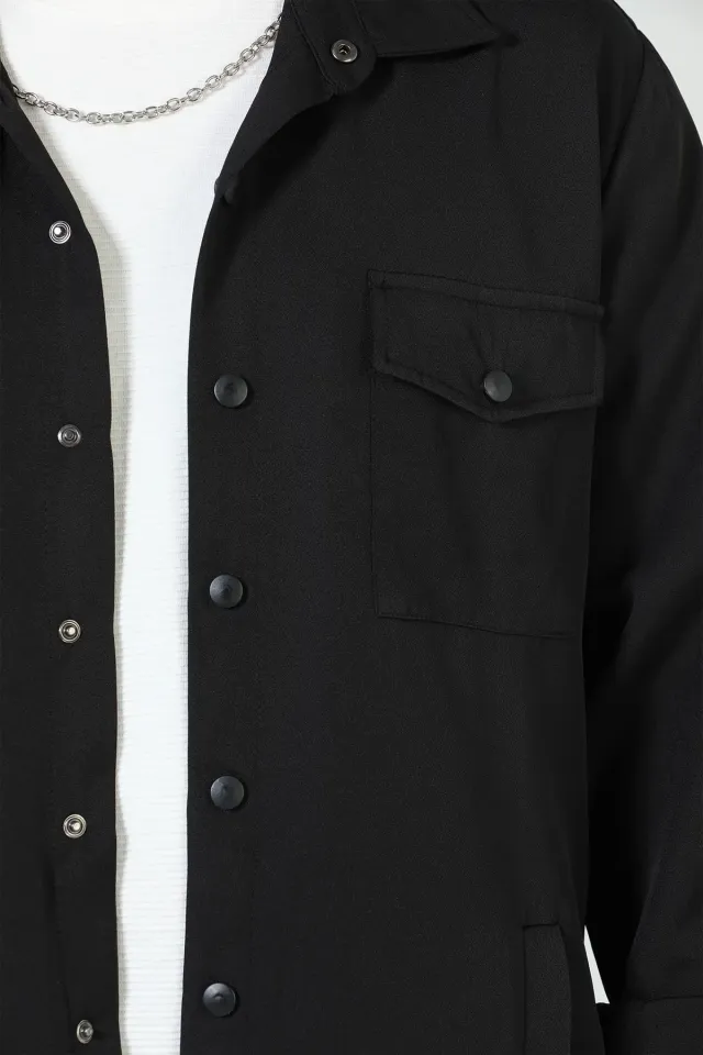 Erkek Çift Cepli Çıtçıtlı Mevsimlik Oversize Gömlek Ceket Siyah