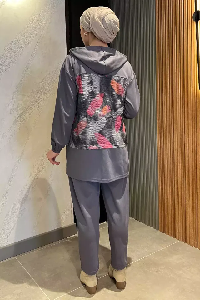 File Detaylı Bel Bağcıklı Tesettür İkili Takım Koyugri