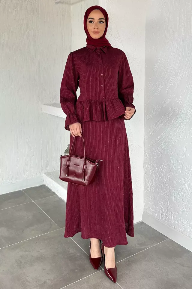 Fırfırlı Pullu Gömlek Etek Tesettür İkili Takım Bordo