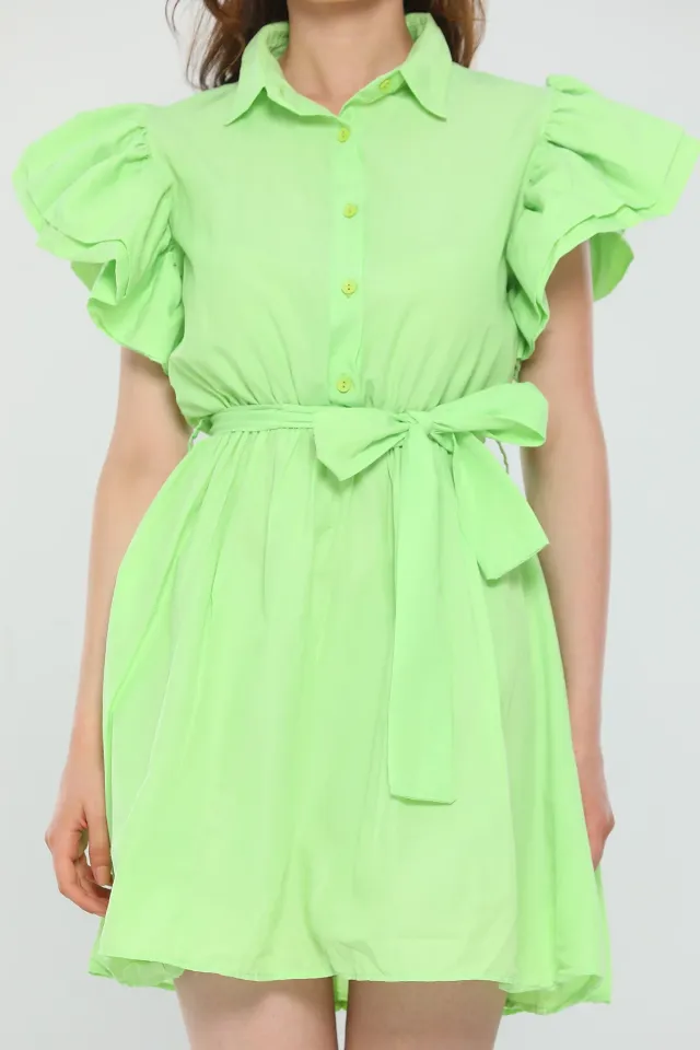 Kadın Gömlek Yaka Kol Volanlı Yazlık Mini Elbise Fıstık Yeşili