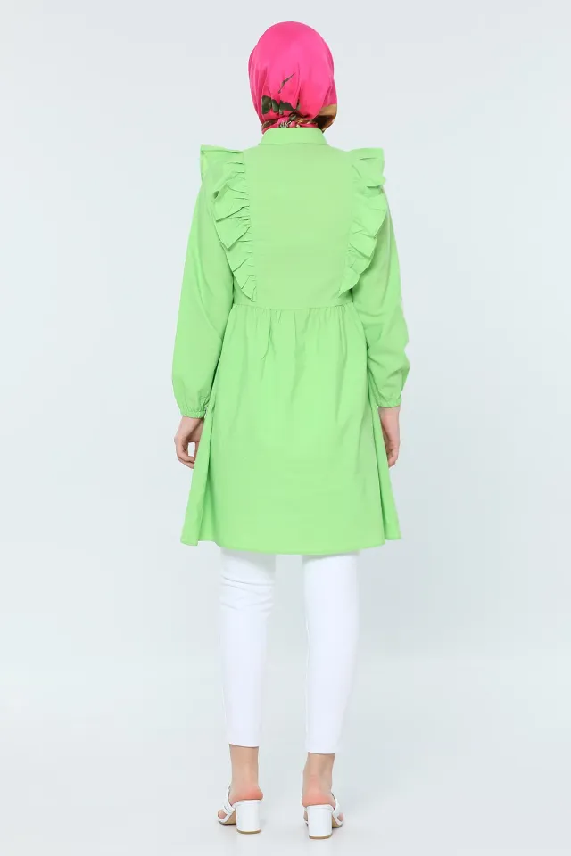 Kadın Modest Ön Arka Fırfırlı Kol Detaylı Tesettür Tunik Fıstık Yeşili