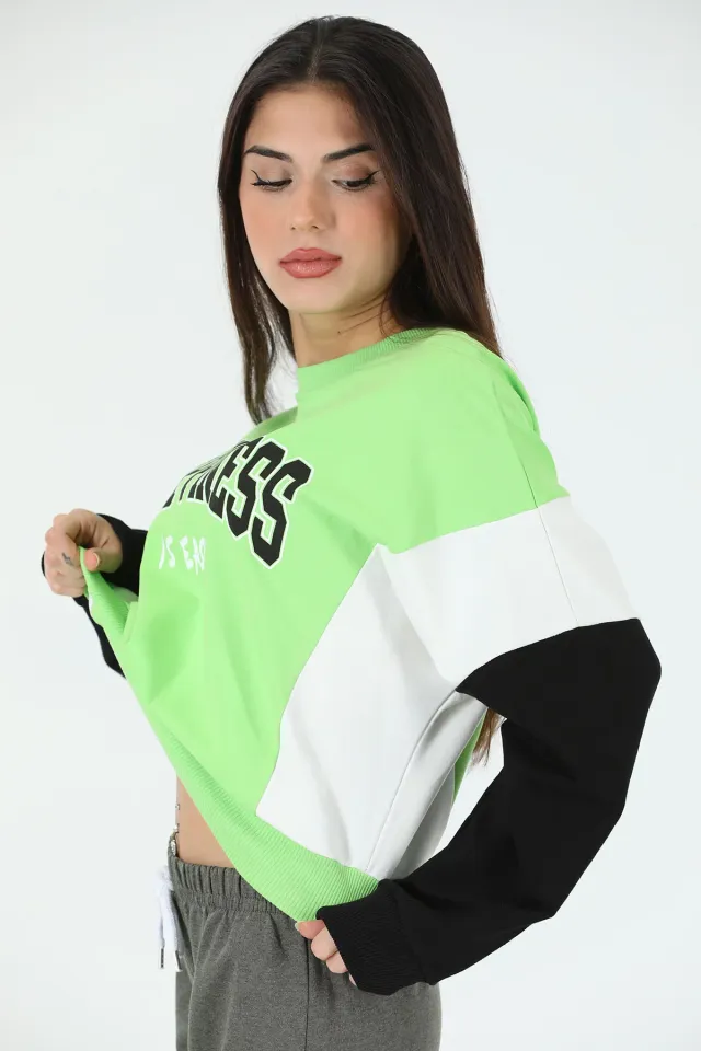 Kadın Renk Bloklu Sweatshirt Fıstık Yeşili