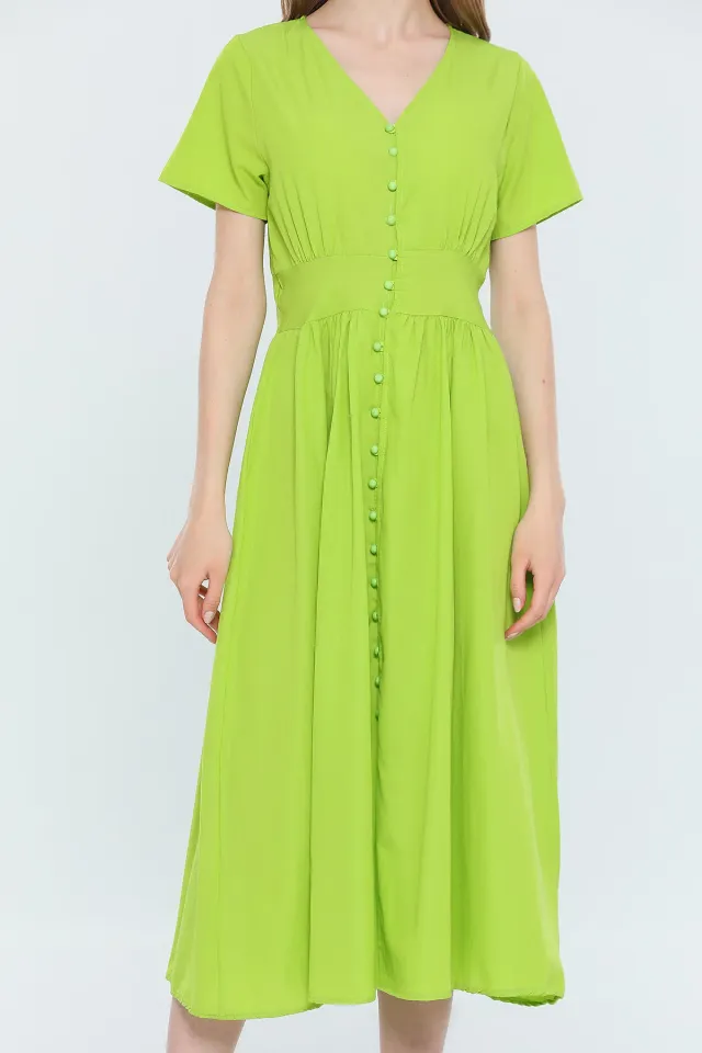 Kadın V Yaka Kısa Kollu Ön Yırtmaçlı Elbise Fıstık Yeşili