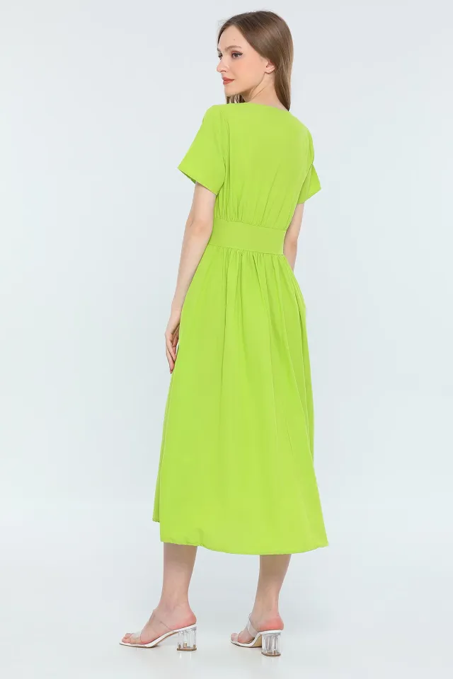 Kadın V Yaka Kısa Kollu Ön Yırtmaçlı Elbise Fıstık Yeşili