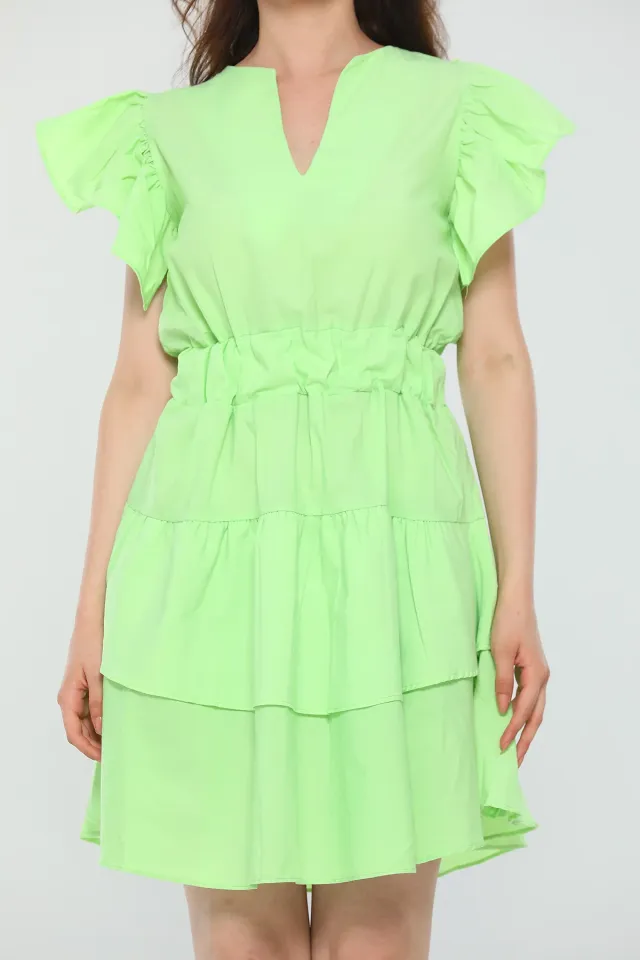 Kadın V Yaka Kol Volanlı Eteği Katlı Yazlık Mini Elbise Fıstık Yeşili