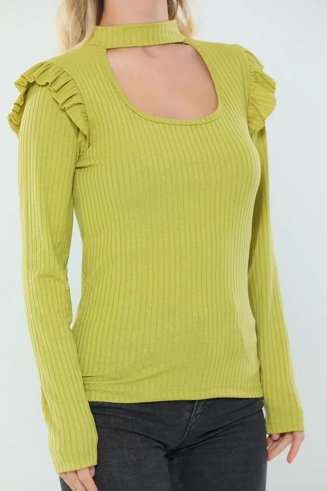 Kadın Likralı Kol Fırfırlı Fitilli Body Bluz Fıstık Yeşili