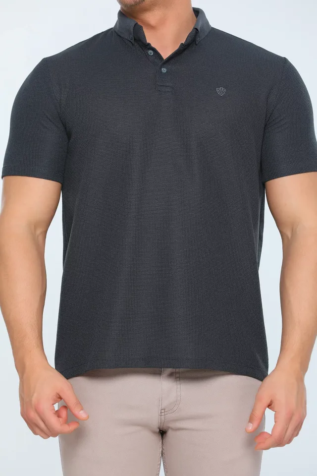Erkek Likralı Polo Yaka Kendinden Desenli T-shirt Füme