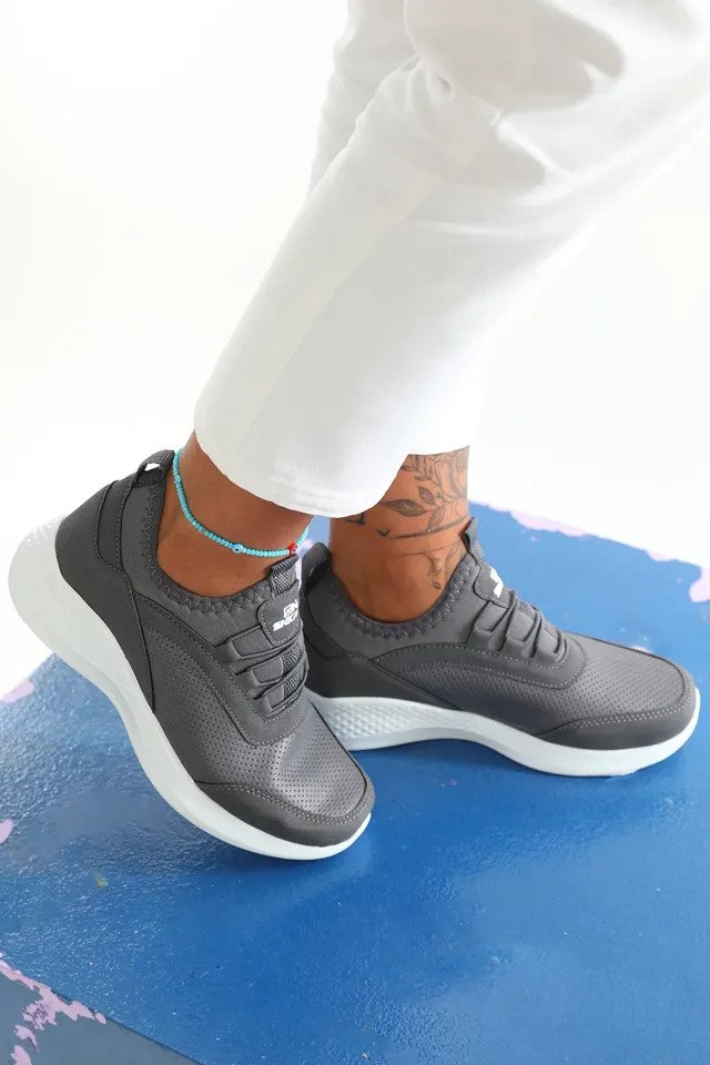 Kadın Lastik Bağcıklı Micro Fiber Günlük Spor Ayakkabı Fümebeyaz
