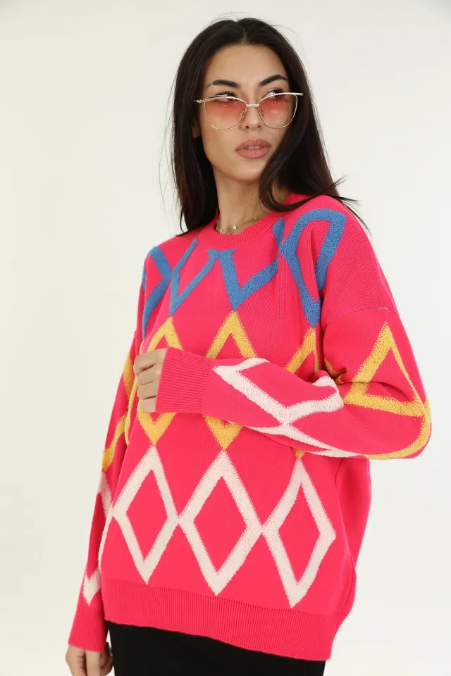 Kadın Geometrik Desenli Oversize Triko Kazak Fuşya