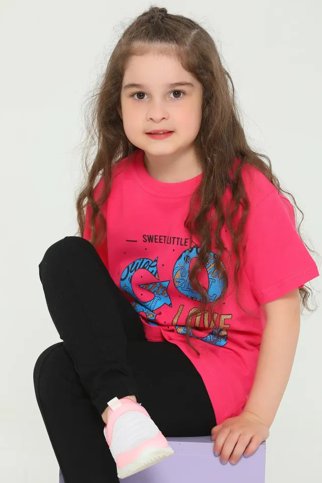 Kız Çocuk Likralı Bisiklet Yaka Baskılı T-shirt Fuşya