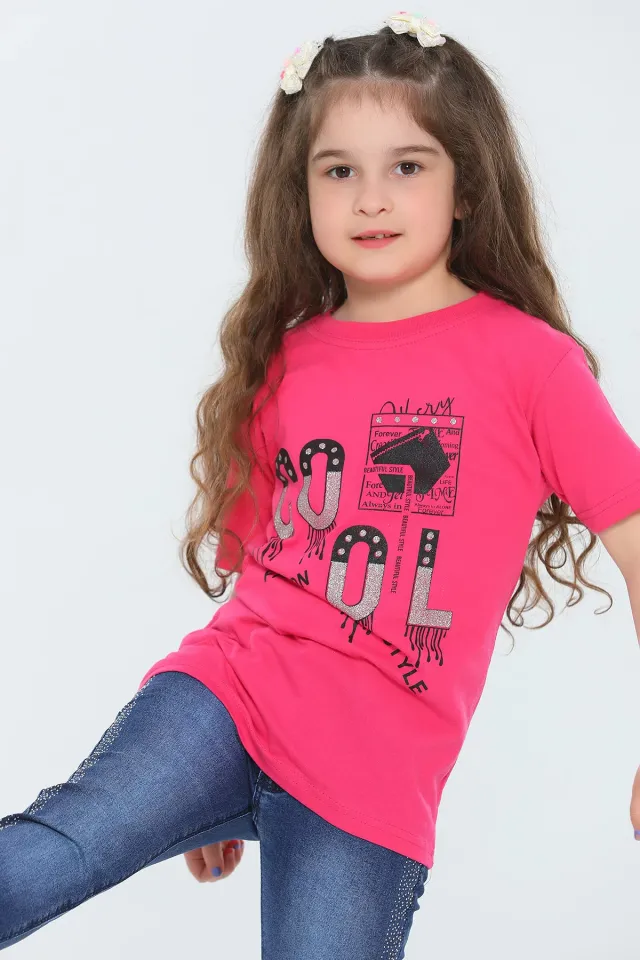 Kız Çocuk Likralı Bisiklet Yaka Baskılı T-shirt Fuşya