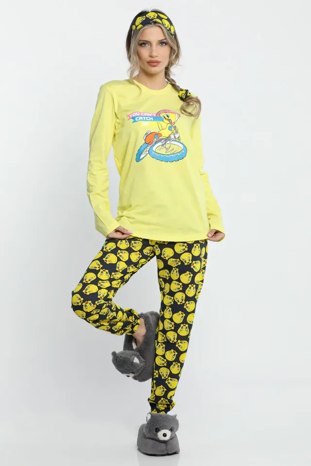Gece Uyku Keyfi İçin Baskılı Pijama Takımı Sarı