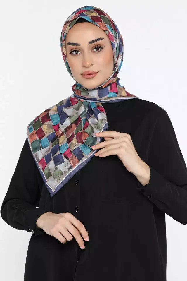 Geometrik Desenli Bonjela Soft Eşarp Bejlacivert