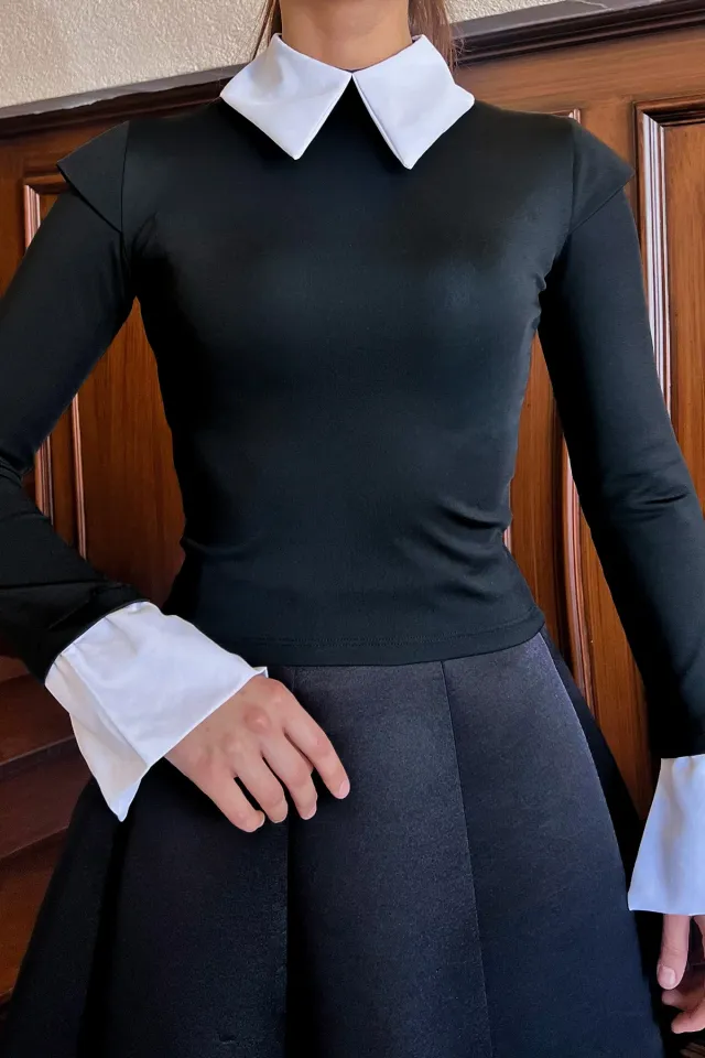 Gömlek Yaka Omuz Detaylı Likralı Bluz Kadın Siyah