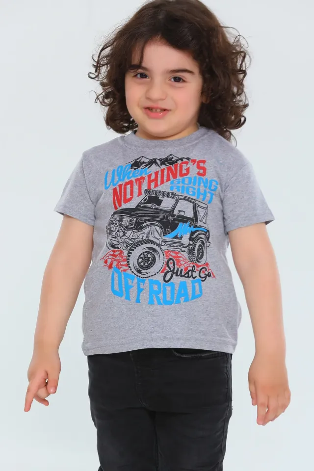 Erkek Çocuk Likralı Bisiklet Yaka Baskılı T-shirt Gri