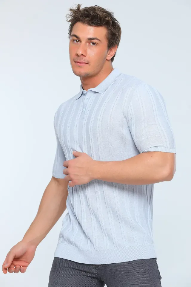 Erkek Likralı Polo Yaka Mevsimlik Triko T-shirt Gri