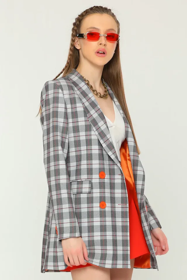 Kadın İç Astarlı Ekose Desenli Blazer Ceket Gri