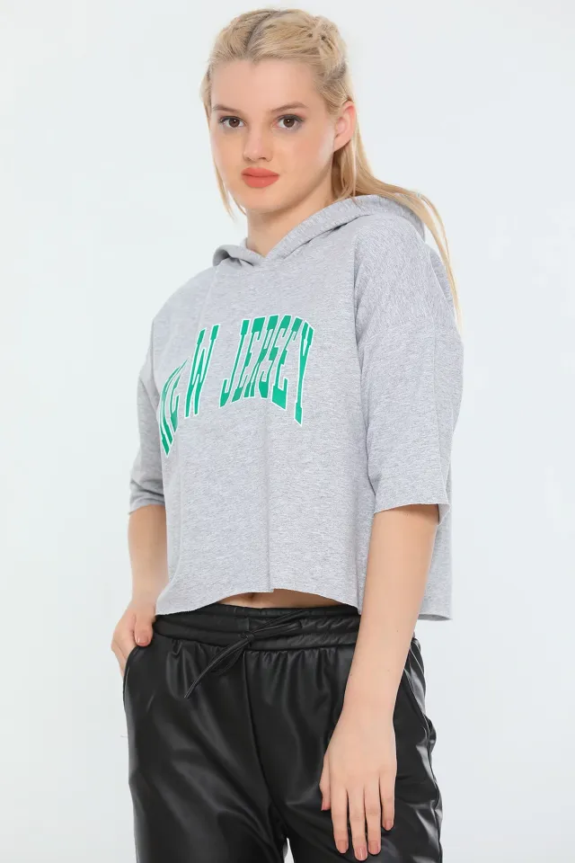 Kadın Kapüşonlu Kapri Kol Mevsimlik Spor Crop Sweatshirt Gri