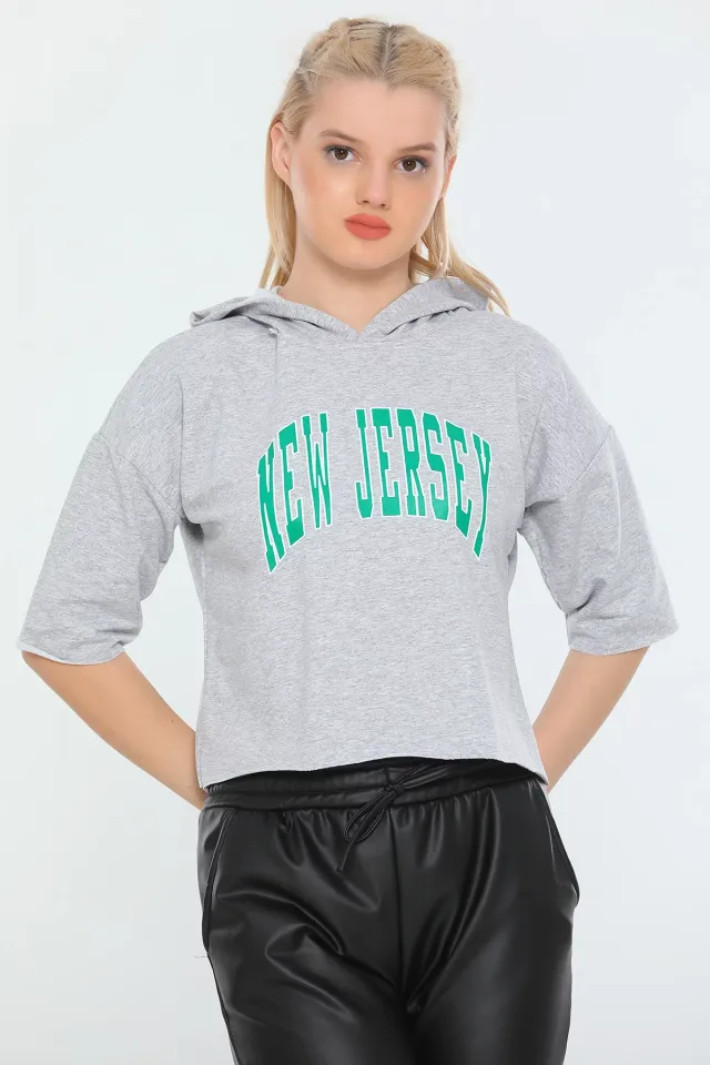 Kadın Kapüşonlu Kapri Kol Mevsimlik Spor Crop Sweatshirt Gri