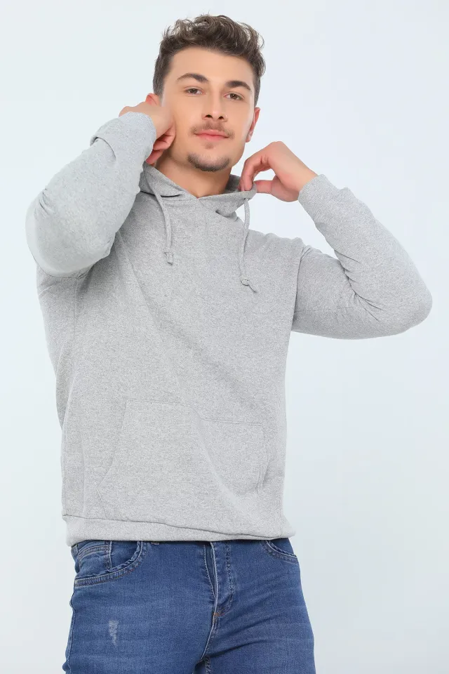 Erkek Kapüşonlu Kanguru Cepli Basic Sweatshirt Gri