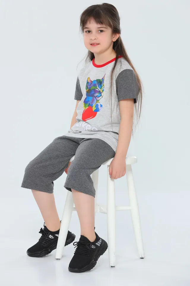 Kız Çocuk Bisiklet Yaka Baskılı T-shirt Kapri İkili Takım Gri