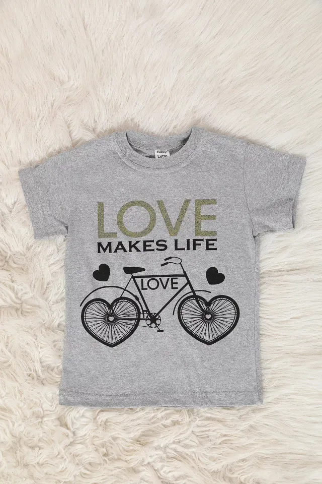 Kız Çocuk Likralı Bisiklet Yaka Baskılı T-shirt Gri
