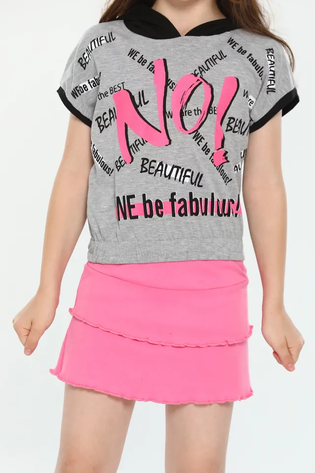 Kız Çocuk Likralı Kapüşonlu Bel Detaylı Baskılı T-shirt Gri