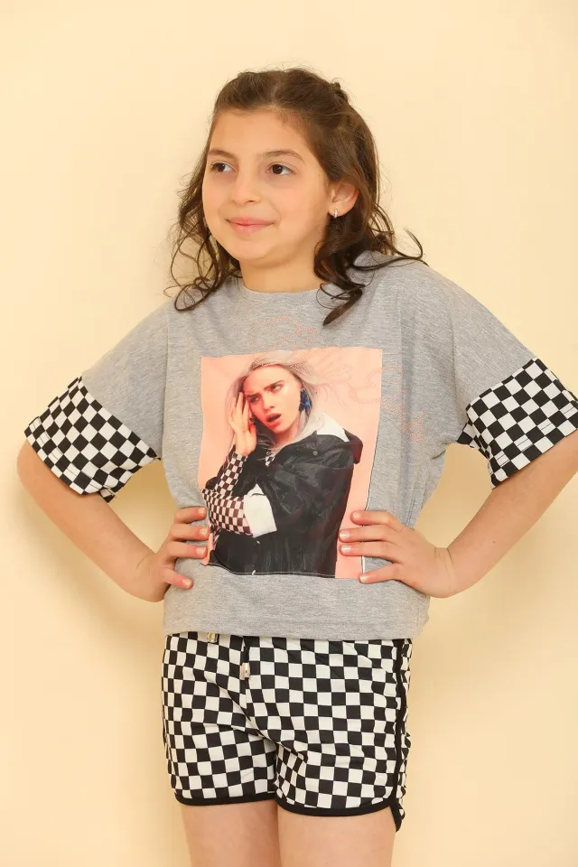 Kız Çocuk Likralı T-shirt Şort İkili Takım Gri